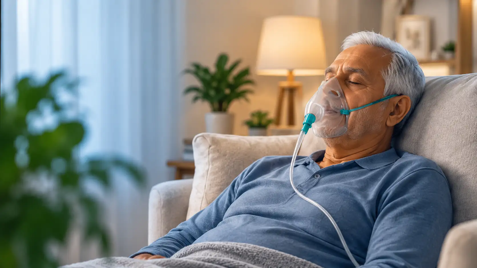 Elderly man receiving respiratory care at home